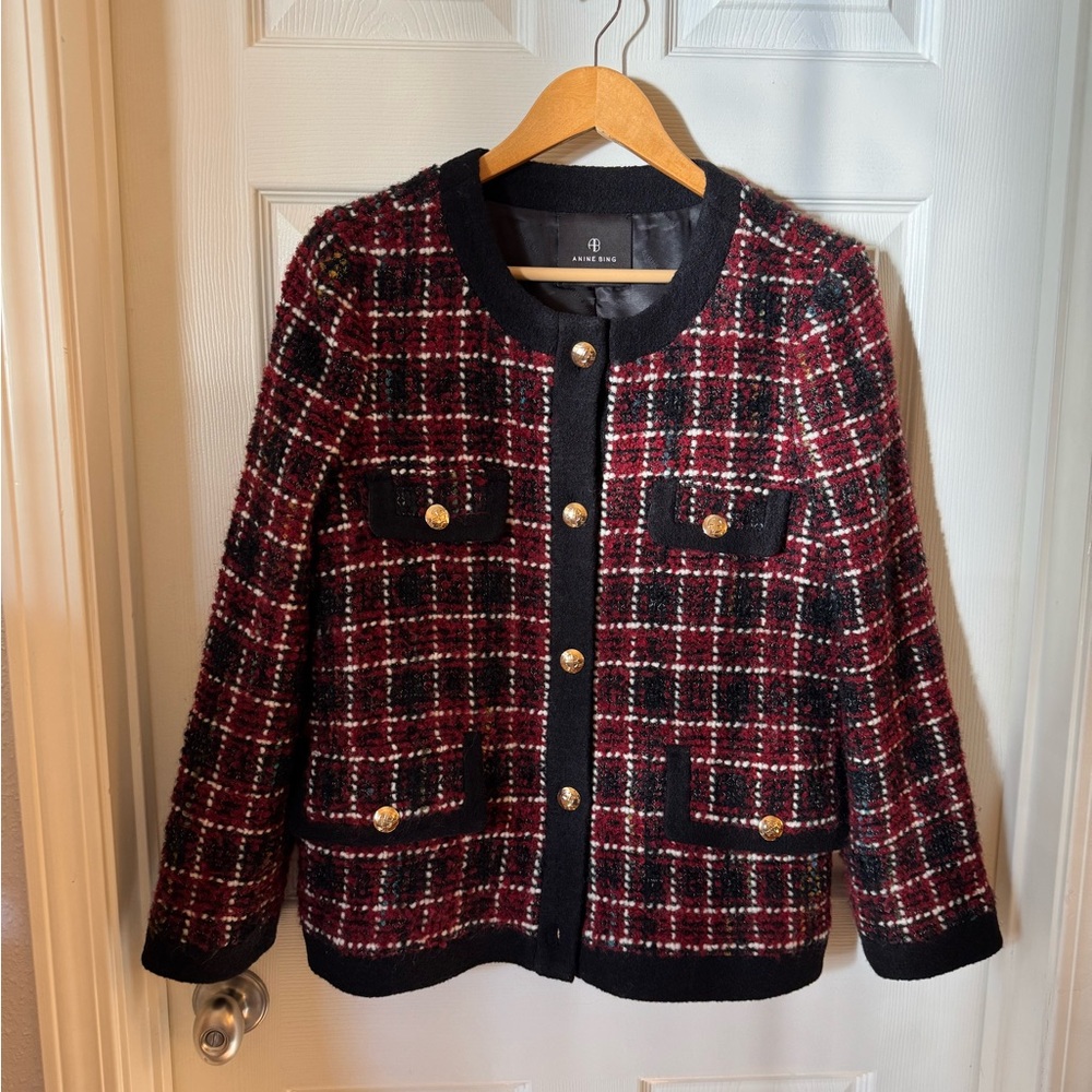 Anine Bing Red and Black Plaid Tweed Blazer with Gold Accents